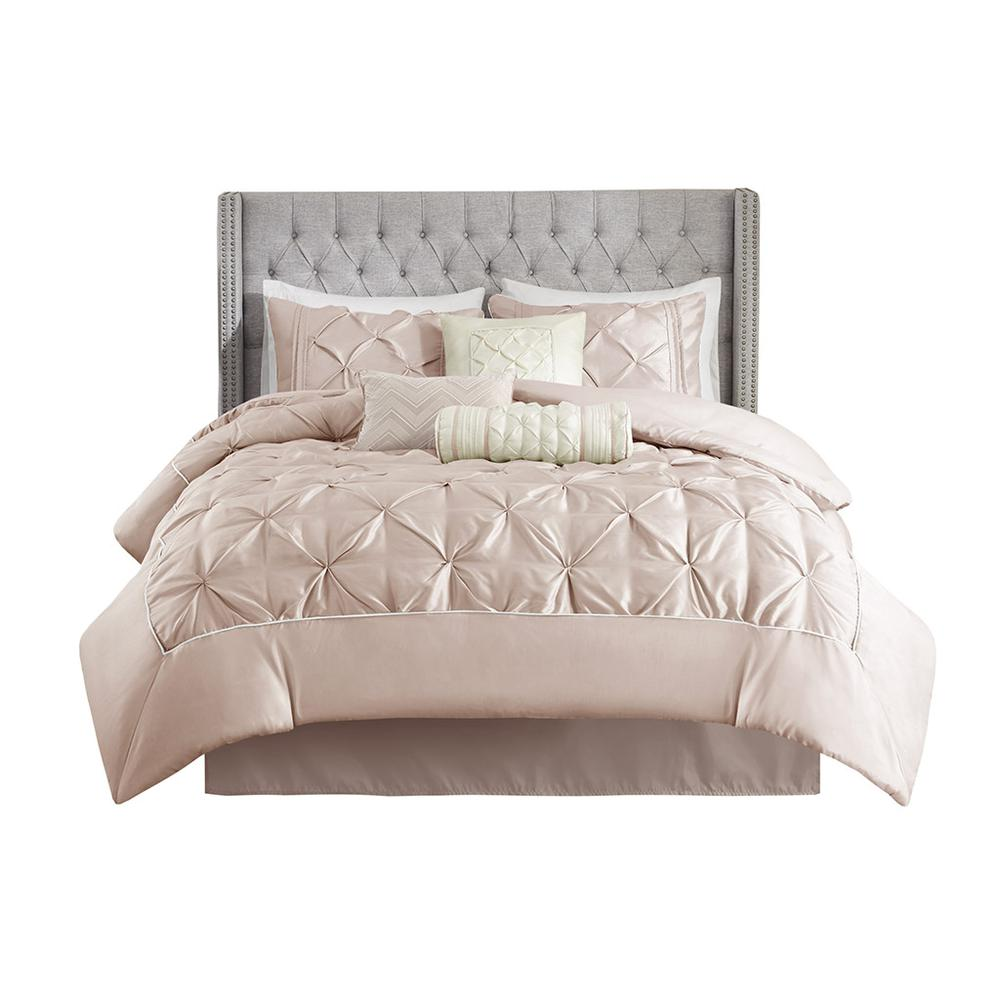 Start2Finish Laurel 7-piece tufted blush comforter bedding set with coordinating pillow shams and decorative accents.
