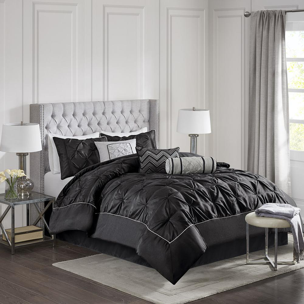 Black Laurel 7-piece tufted comforter bedding set by Start2Finish, featuring a stylish, textured design on the comforter and matching pillows.
