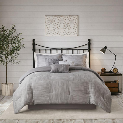 Walter 7-piece printed grey seersucker comforter set by Start2Finish, featuring a stylish bedding design with matching pillow shams.