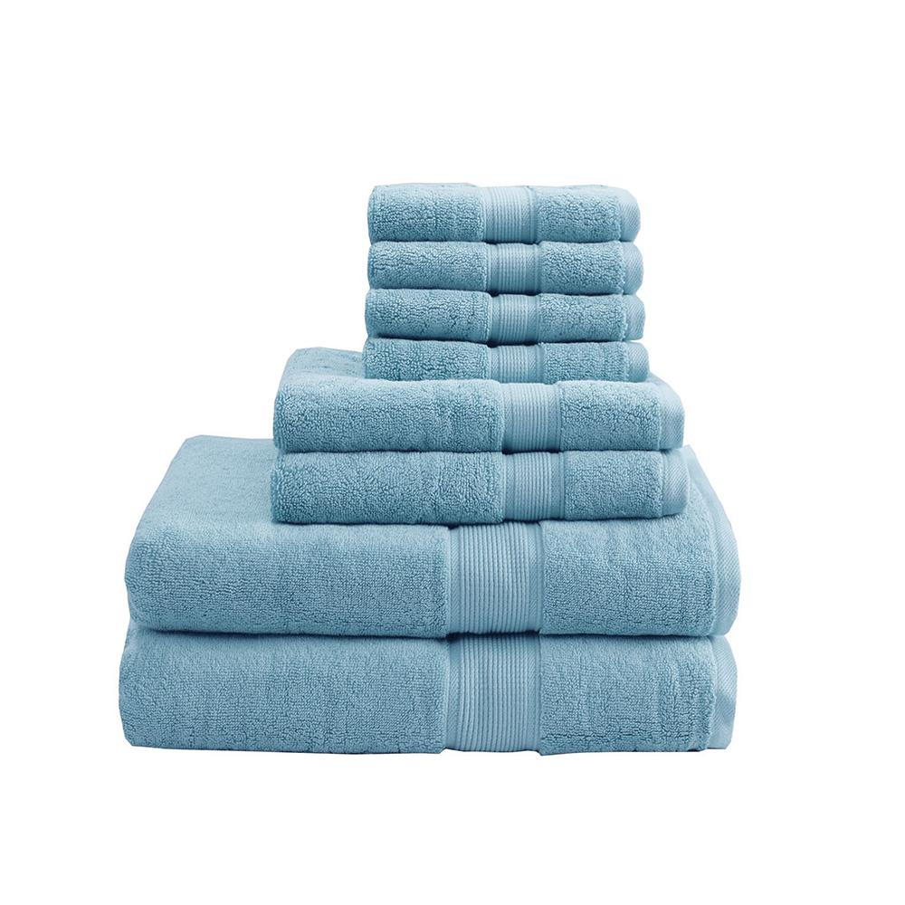 Start2Finish 8-piece 100% cotton antimicrobial bath towel set with plush, soft towels shown in a bathroom setting.