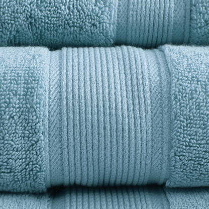 Start2Finish 100% cotton antimicrobial bath towel set with 8 pieces, shown in soft, plush white towels folded and hanging.