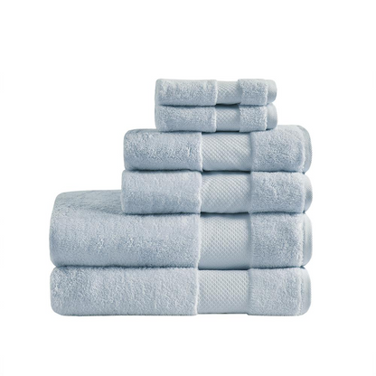 Start2Finish cotton 6-piece bath towel set with plush, absorbent towels in neutral colors, displayed folded and stacked.