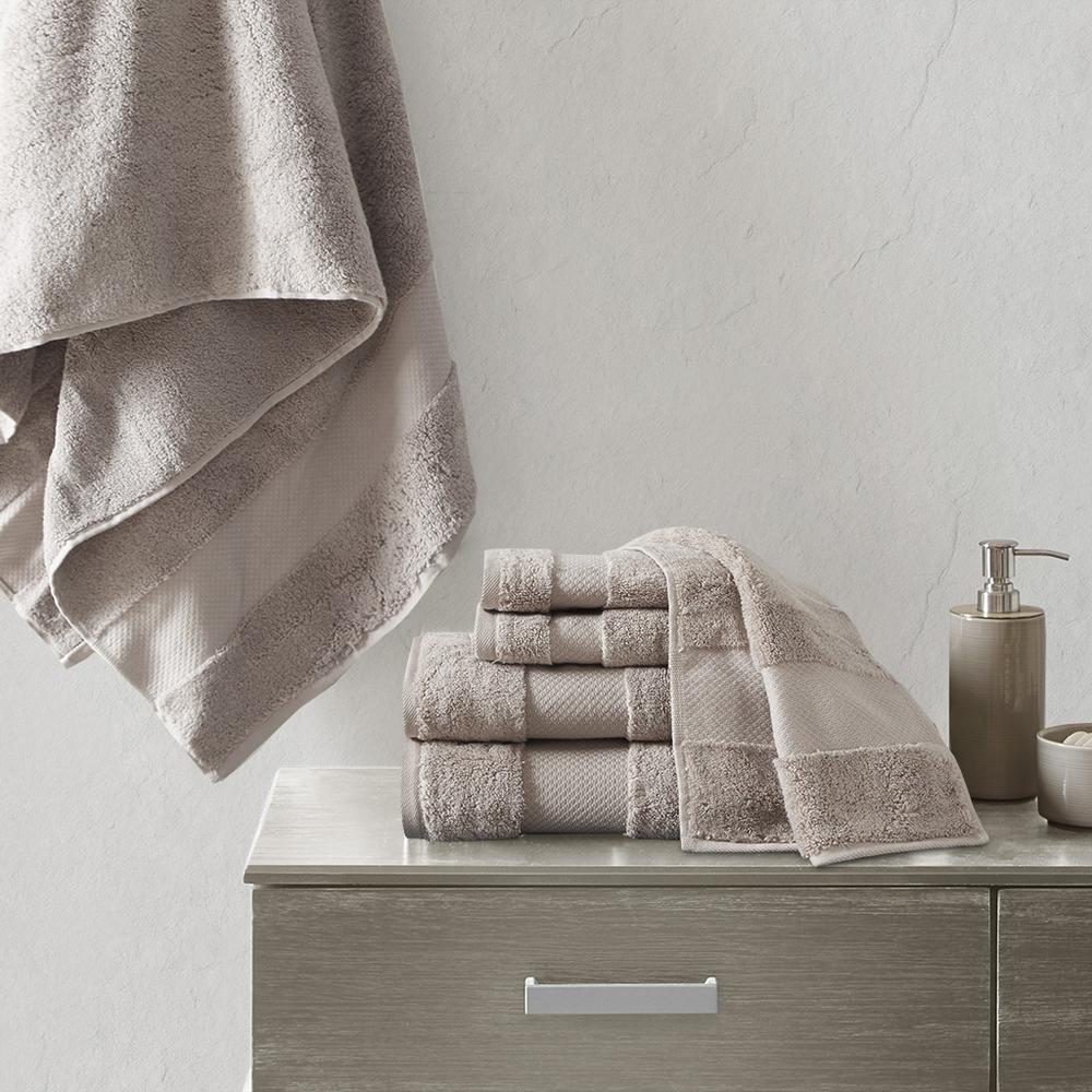 Start2Finish cotton 6-piece bath towel set with soft, plush towels in neutral tones, perfect for bathroom use.