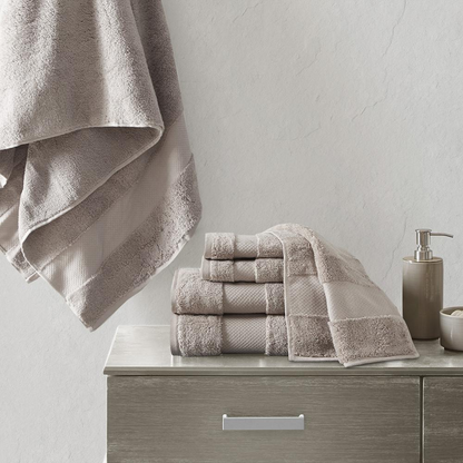 Start2Finish cotton 6-piece bath towel set with soft, plush towels in neutral tones, perfect for bathroom use.