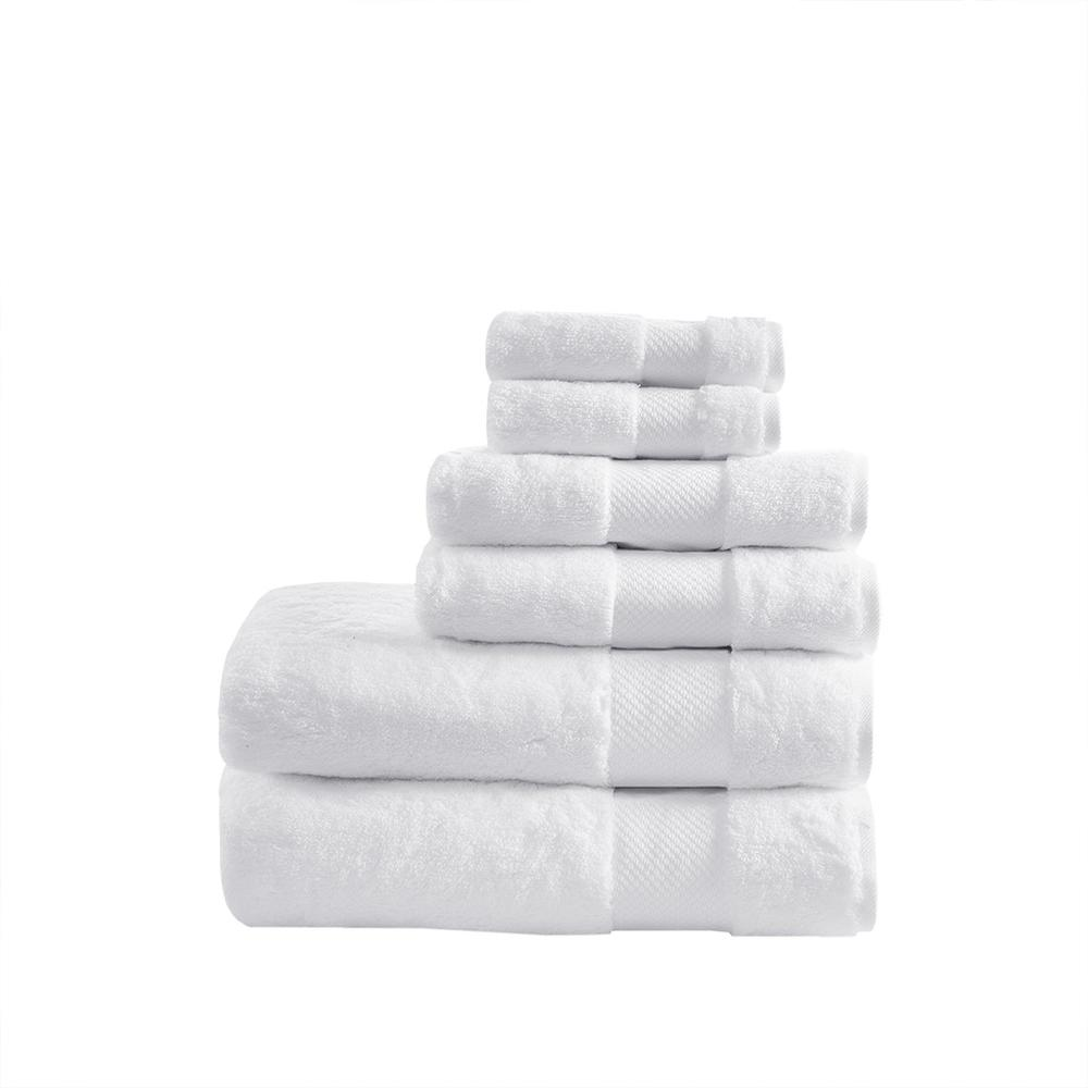 Start2Finish cotton 6-piece bath towel set with plush, soft, white towels displayed folded and stacked.