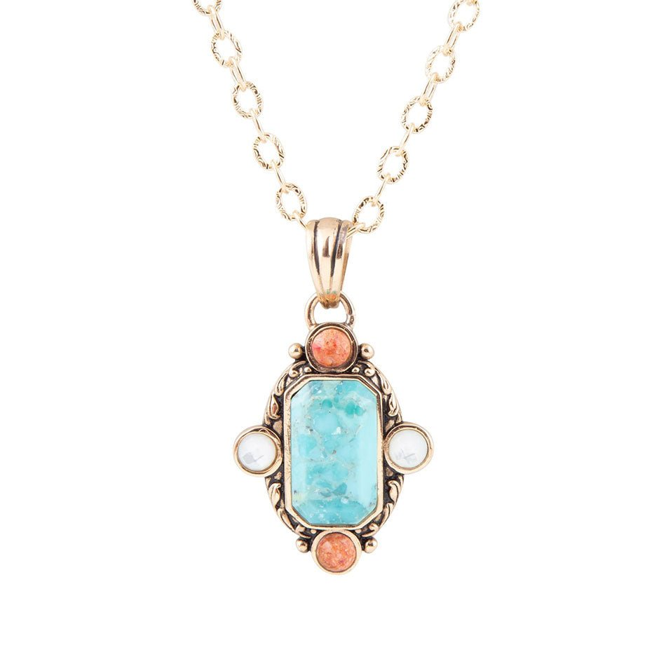 Start2Finish Champs blue turquoise and orange coral pendant necklace with gold accents, showcasing vibrant jewelry design.
