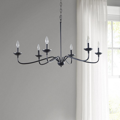 Start2Finish 6-light farmhouse metal chandelier hanging with vintage-style bulbs and black finish, ideal for rustic lighting decor