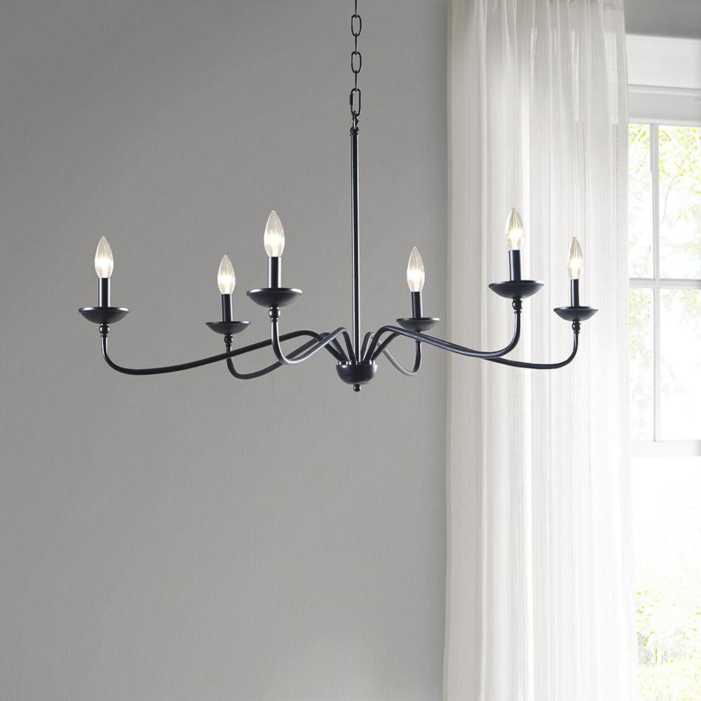 Start2Finish 6-light farmhouse metal chandelier with rustic design and candle-style lights hanging from a black metal frame.