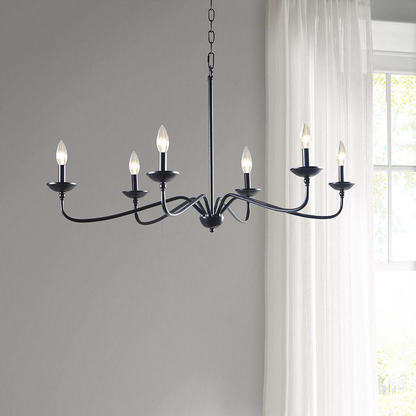 Start2Finish 6-light farmhouse metal chandelier with rustic design and candle-style lights hanging from a black metal frame.