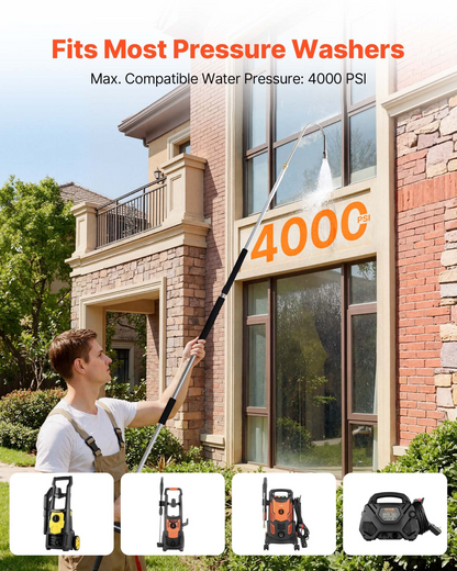Start2Finish VEVOR 9 ft pressure washer telescoping wand with 3 sections, nozzles, hose adapter, support belt, and storage bag.