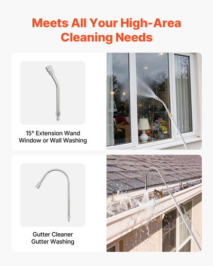 Start2Finish VEVOR 9 ft pressure washer telescoping wand with 3 sections, 7 nozzles, hose adapter, support belt, and storage bag.