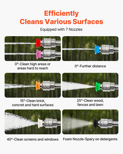 Start2Finish VEVOR 9 ft pressure washer telescoping wand with 7 nozzles, hose adapter, support belt, storage bag, for high-pressure cleaning.