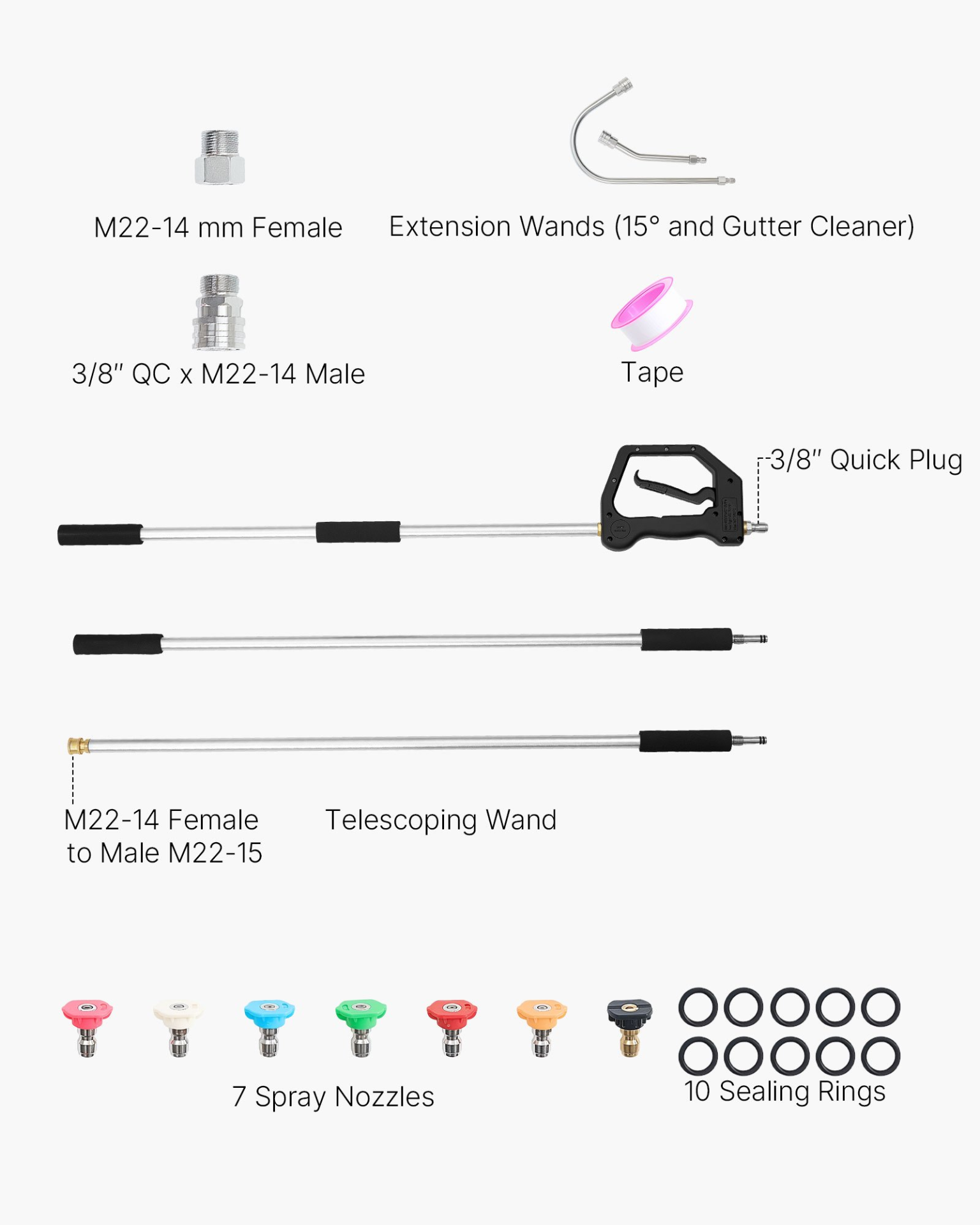Start2Finish VEVOR 9 ft pressure washer telescoping wand with 3 sections, nozzles, hose adapter, support belt, and storage bag.