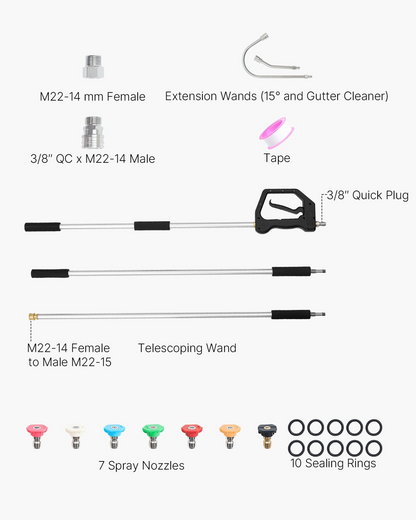 Start2Finish VEVOR 9 ft pressure washer telescoping wand with 3 sections, nozzles, hose adapter, support belt, and storage bag.