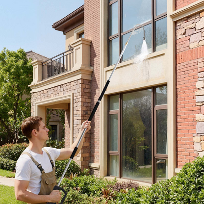 Start2Finish VEVOR 9 ft pressure washer telescoping wand with 3 sections, 7 nozzles, hose adapter, support belt, and storage bag.