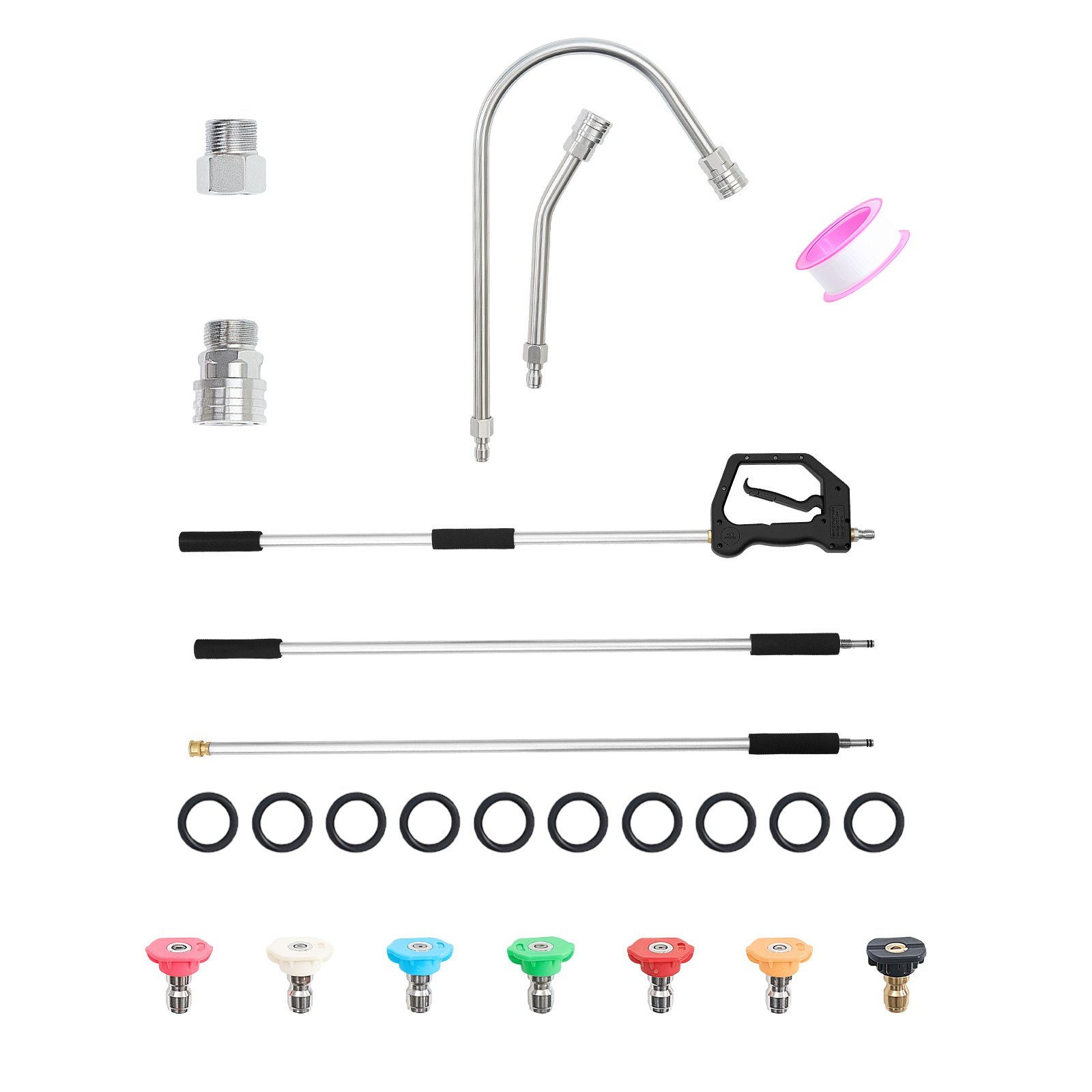 Start2Finish VEVOR 9 ft pressure washer telescoping wand with 3 sections, nozzles, hose adapter, support belt, and storage bag.