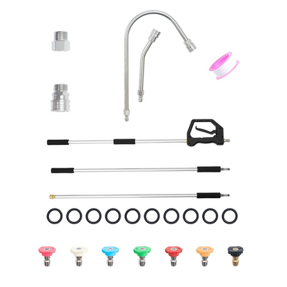 Start2Finish VEVOR 9 ft pressure washer telescoping wand with 3 sections, nozzles, hose adapter, support belt, and storage bag.