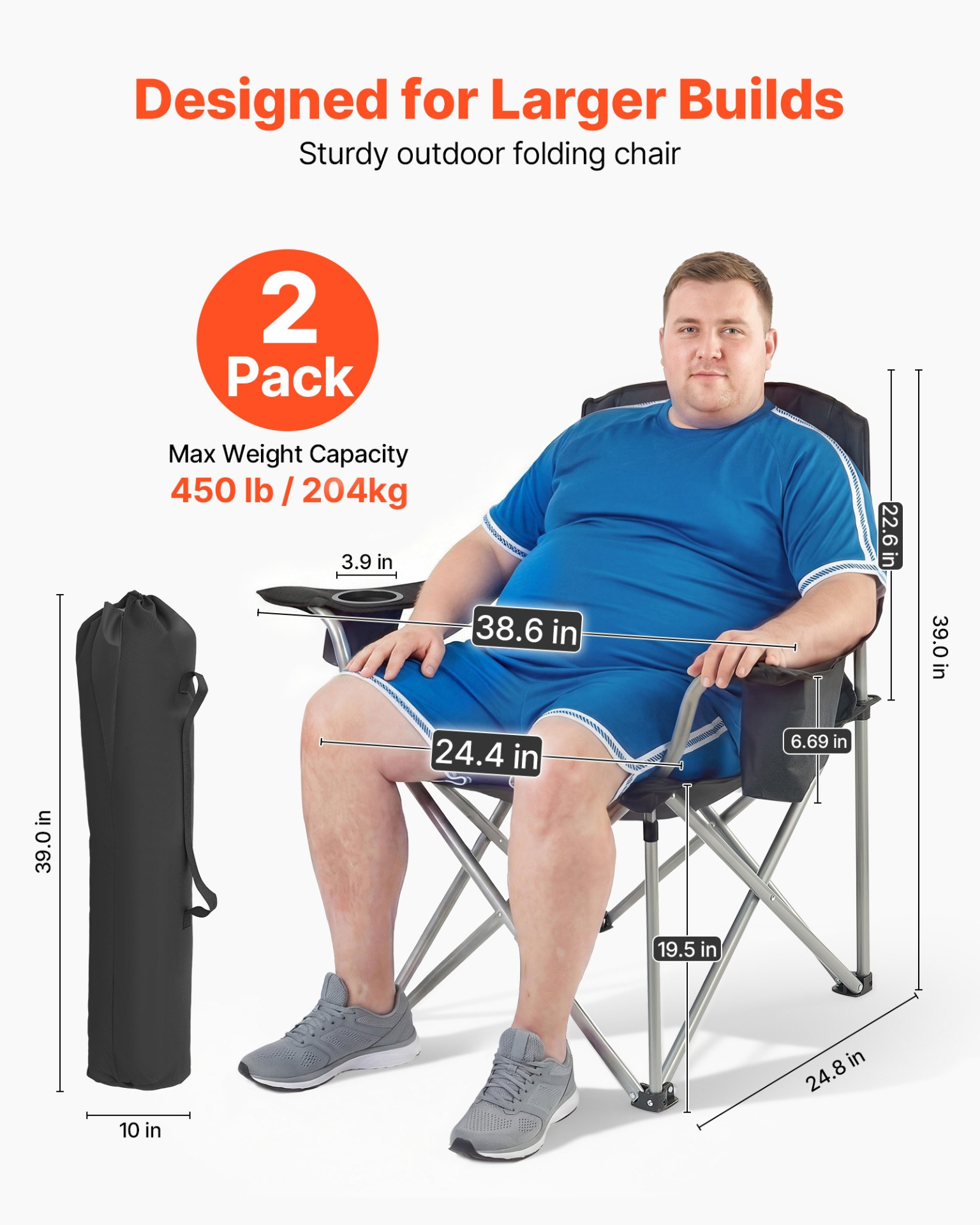 Start2Finish VEVOR oversized camping chairs with padded backrest, armrests, cup holder, side pocket, cooler bag, and carry bags for outdoor use