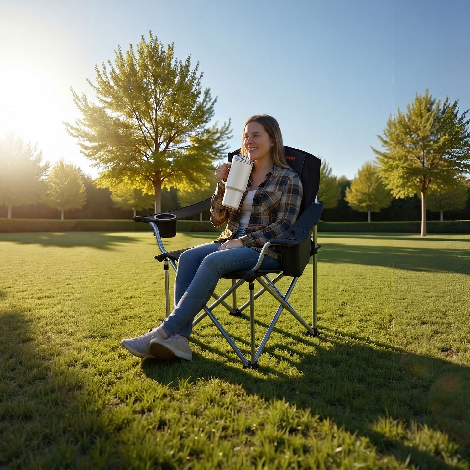 Start2Finish VEVOR outdoor folding camping chair with lumbar support, padded arms, side pockets, cup holder, and cooler bag in black.