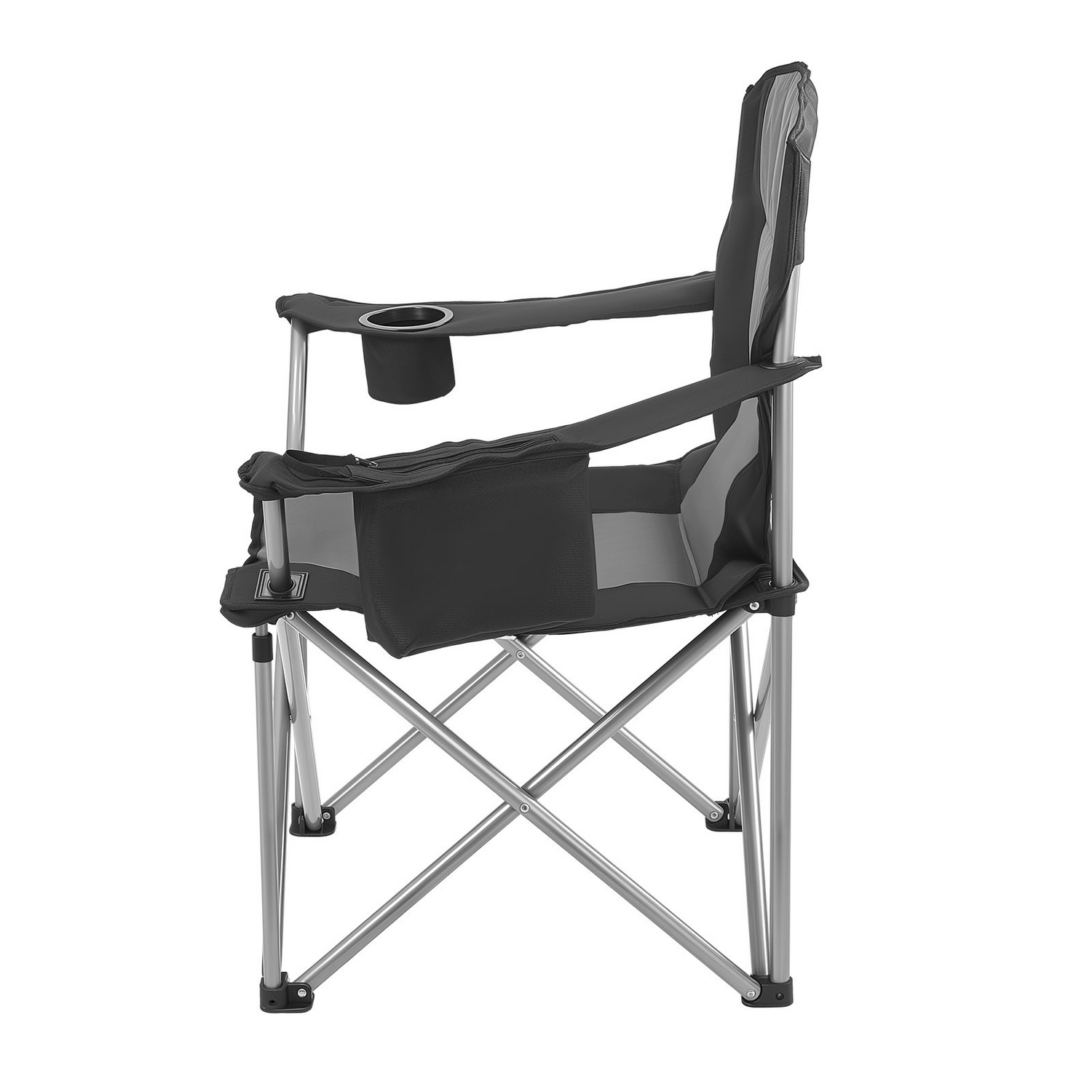 Start2Finish VEVOR outdoor camping folding chair with padded armrests, side pockets, cup holder, and cooler bag in black.