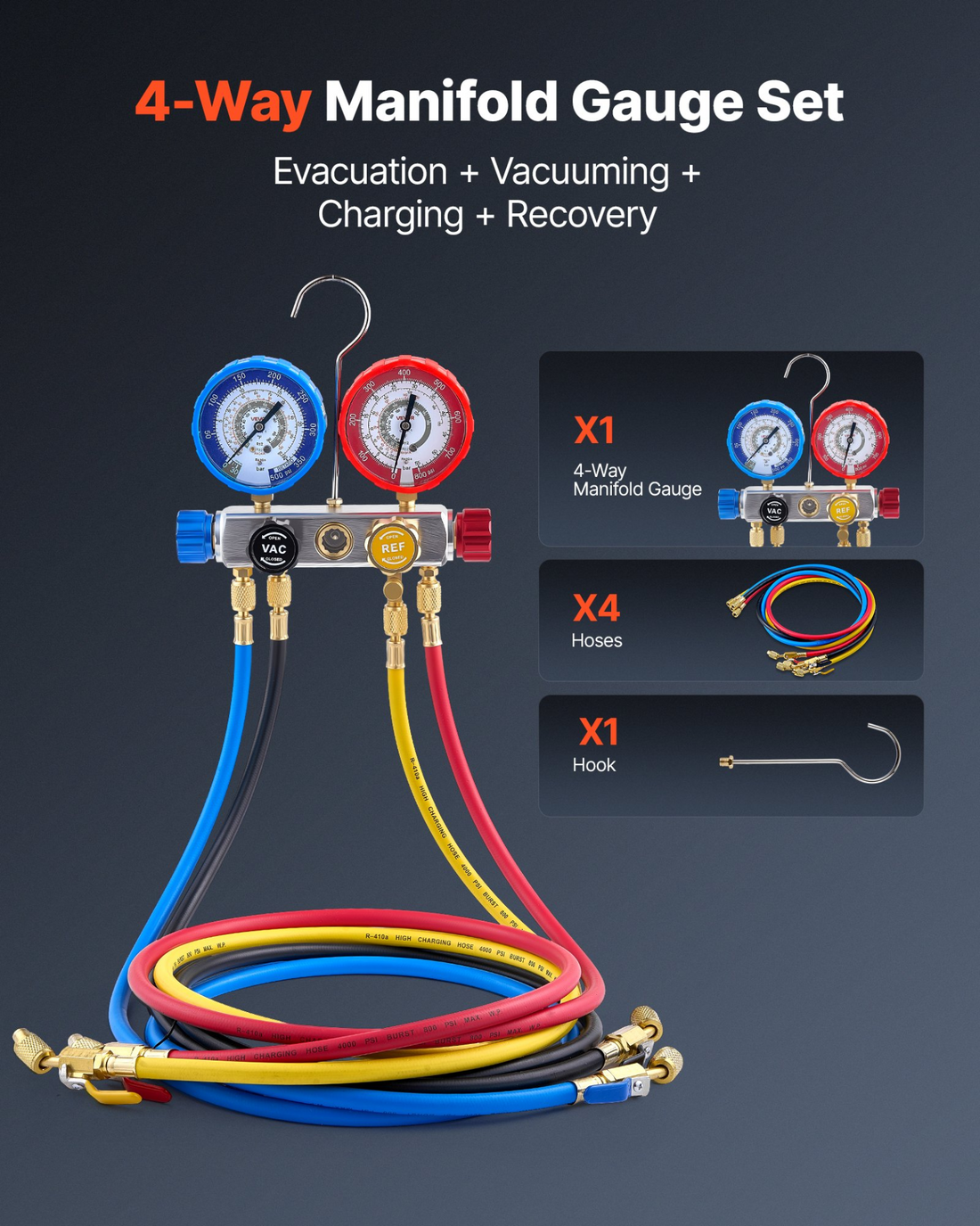 Start2Finish VEVOR AC manifold gauge set with 4-way gauges, hoses for R22, R404A, R410A refrigerants, used in HVAC maintenance