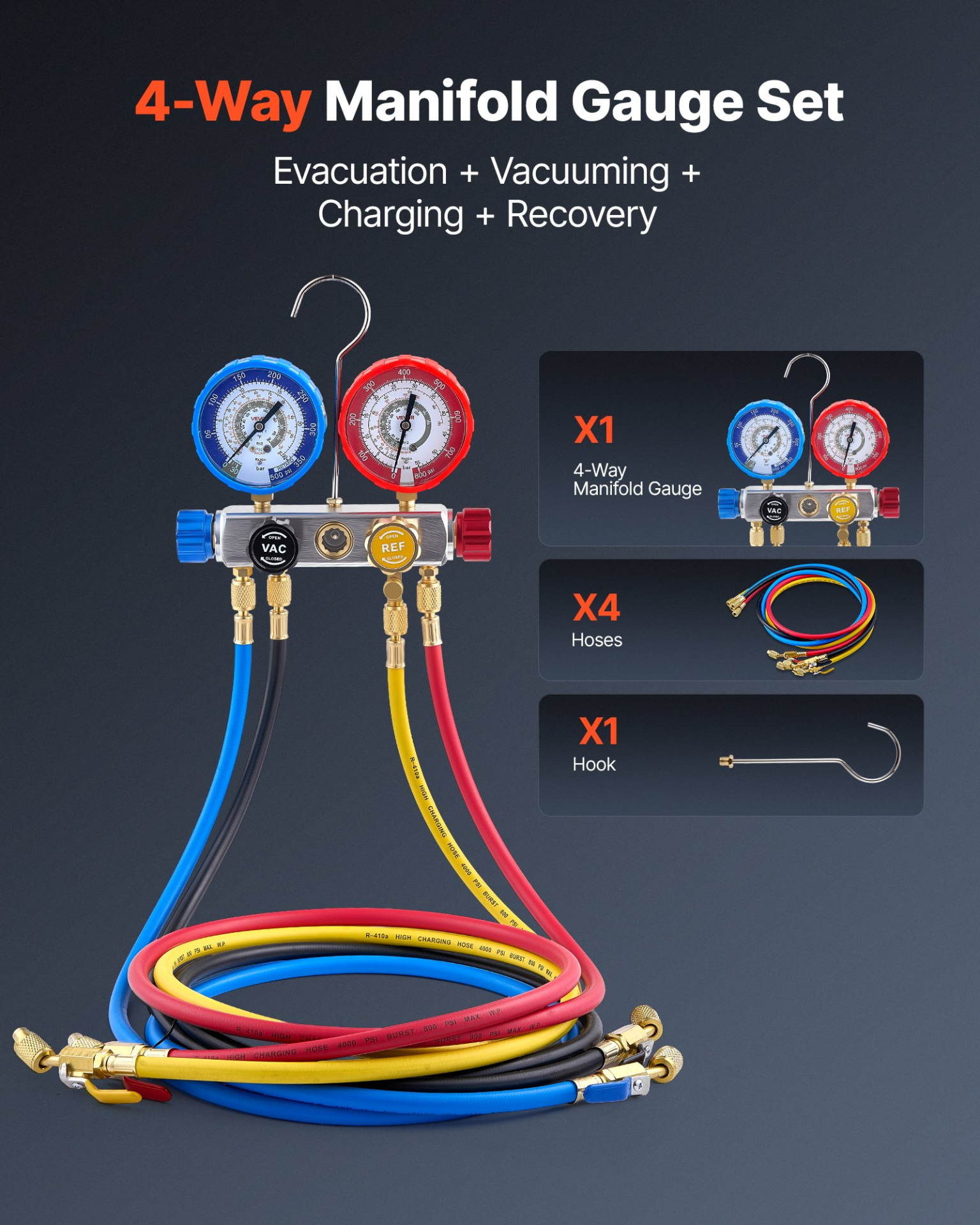 Start2Finish VEVOR AC manifold gauge set with 4-way gauges, hoses for R22, R404A, R410A refrigerants, used in HVAC maintenance