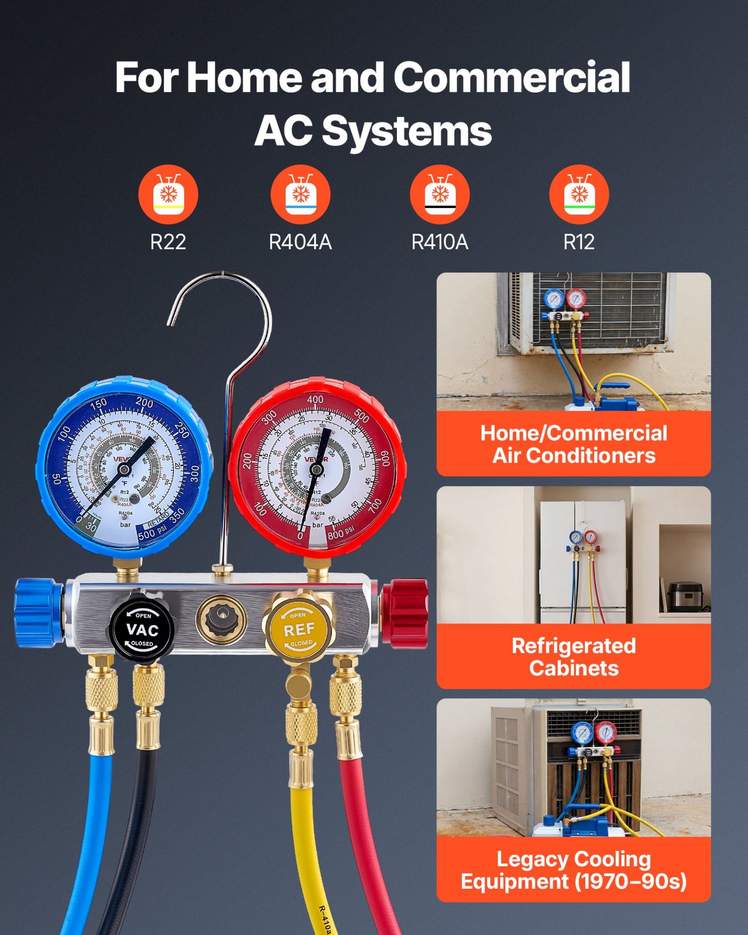 Start2Finish VEVOR AC manifold gauge set with four-way gauges and 5 ft hoses for refrigerant maintenance and air conditioning servicing.