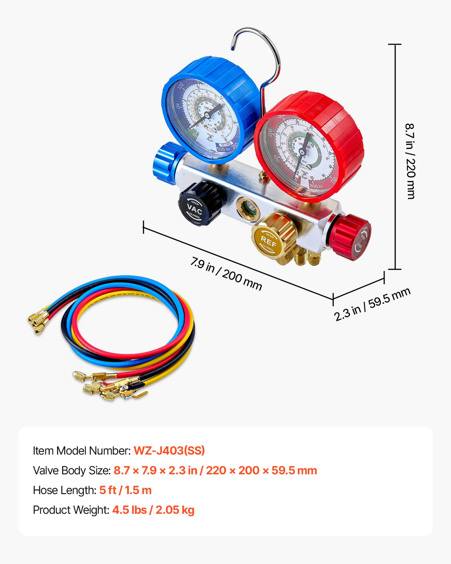 Start2Finish VEVOR AC manifold gauge set with 4-way gauges and 5 ft hoses for R22, R404A, R410A, R12 refrigeration maintenance.