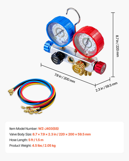 Start2Finish VEVOR AC manifold gauge set with 4-way gauges and 5 ft hoses for R22, R404A, R410A, R12 refrigeration maintenance.