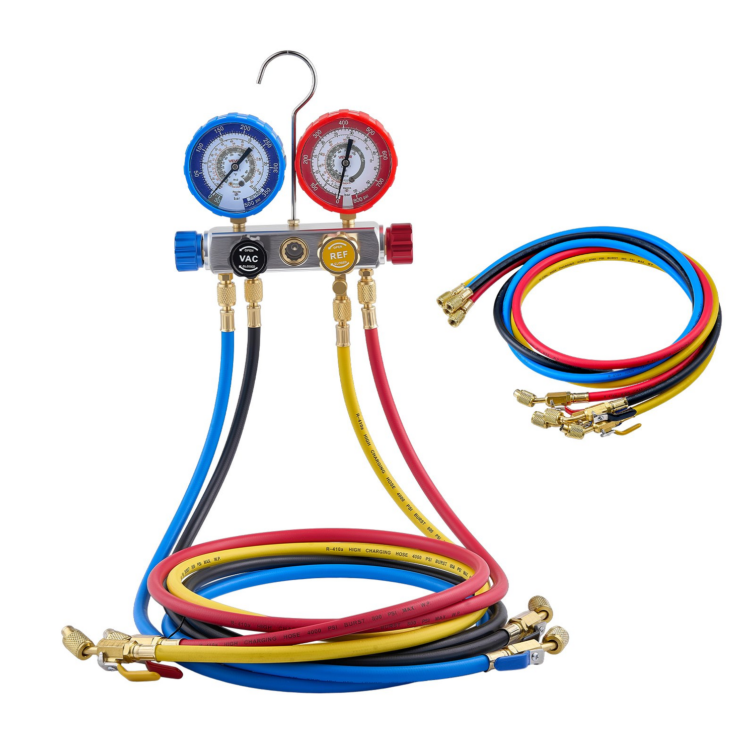 Start2Finish VEVOR AC manifold gauge set with four-way gauge and 5-foot hoses for automotive and household air conditioning maintenance.