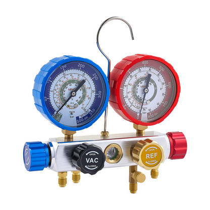Start2Finish VEVOR AC manifold gauge set with 4-way gauges and 5 ft hoses for R22, R404A, R410A, R12 air conditioning maintenance