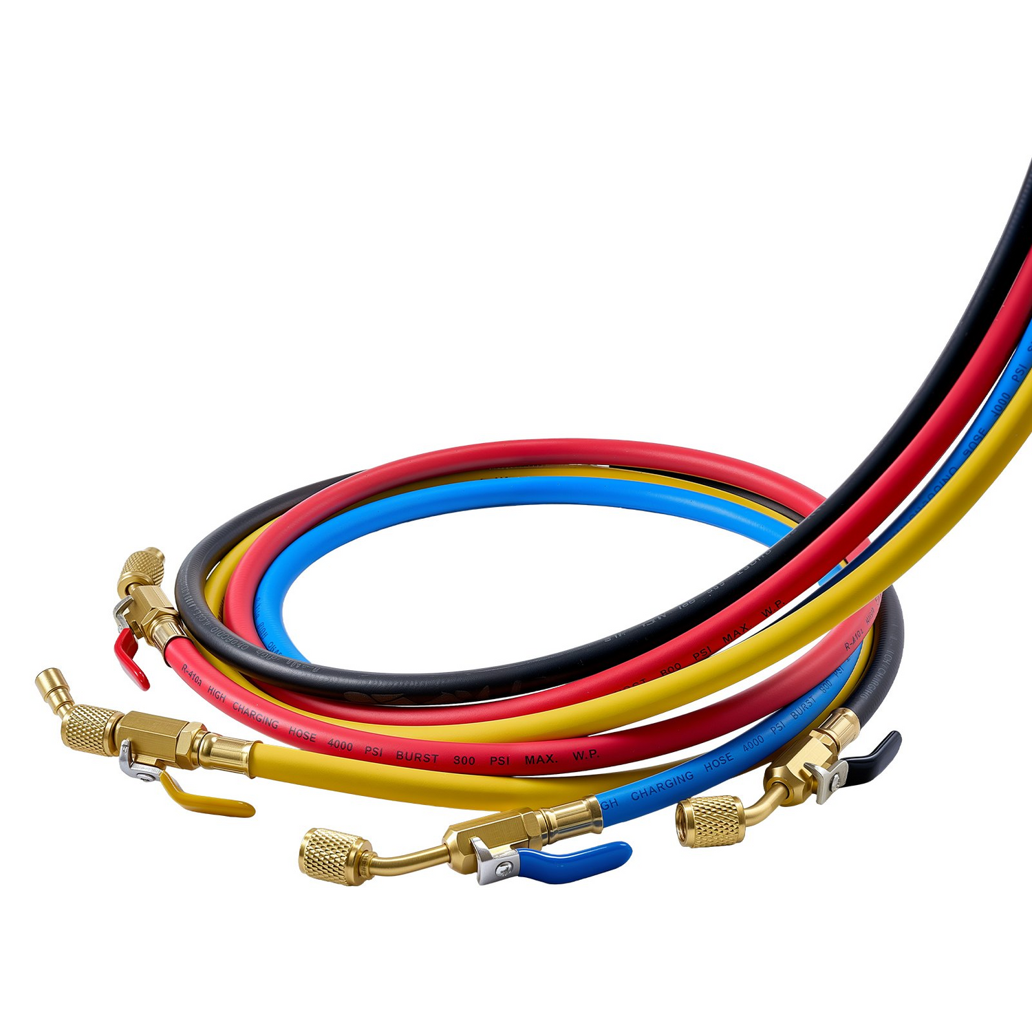 Start2Finish VEVOR AC manifold gauge set with 4-way valves, hoses, and gauges for R22, R404A, R410A, and R12 refrigerants.