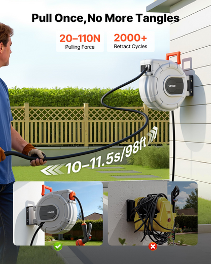 Start2Finish VEVOR garden hose reel with 50 ft retractable hose, 9-function sprayer, wall mount, swivel bracket, and automatic rewind system.