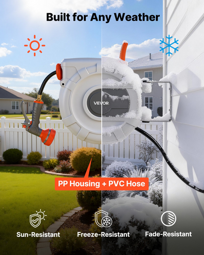 Start2Finish VEVOR 50 ft retractable garden hose reel with 9-function sprayer, wall mount, swivel bracket, and automatic rewind system.