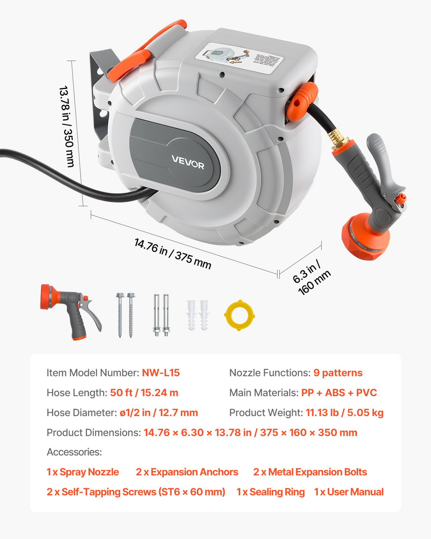 Start2Finish VEVOR retractable garden hose reel with 50 ft hose, 9-function spray nozzle, wall mount, and automatic rewind system.