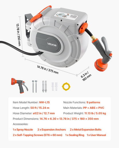 Start2Finish VEVOR retractable garden hose reel with 50 ft hose, 9-function spray nozzle, wall mount, and automatic rewind system.