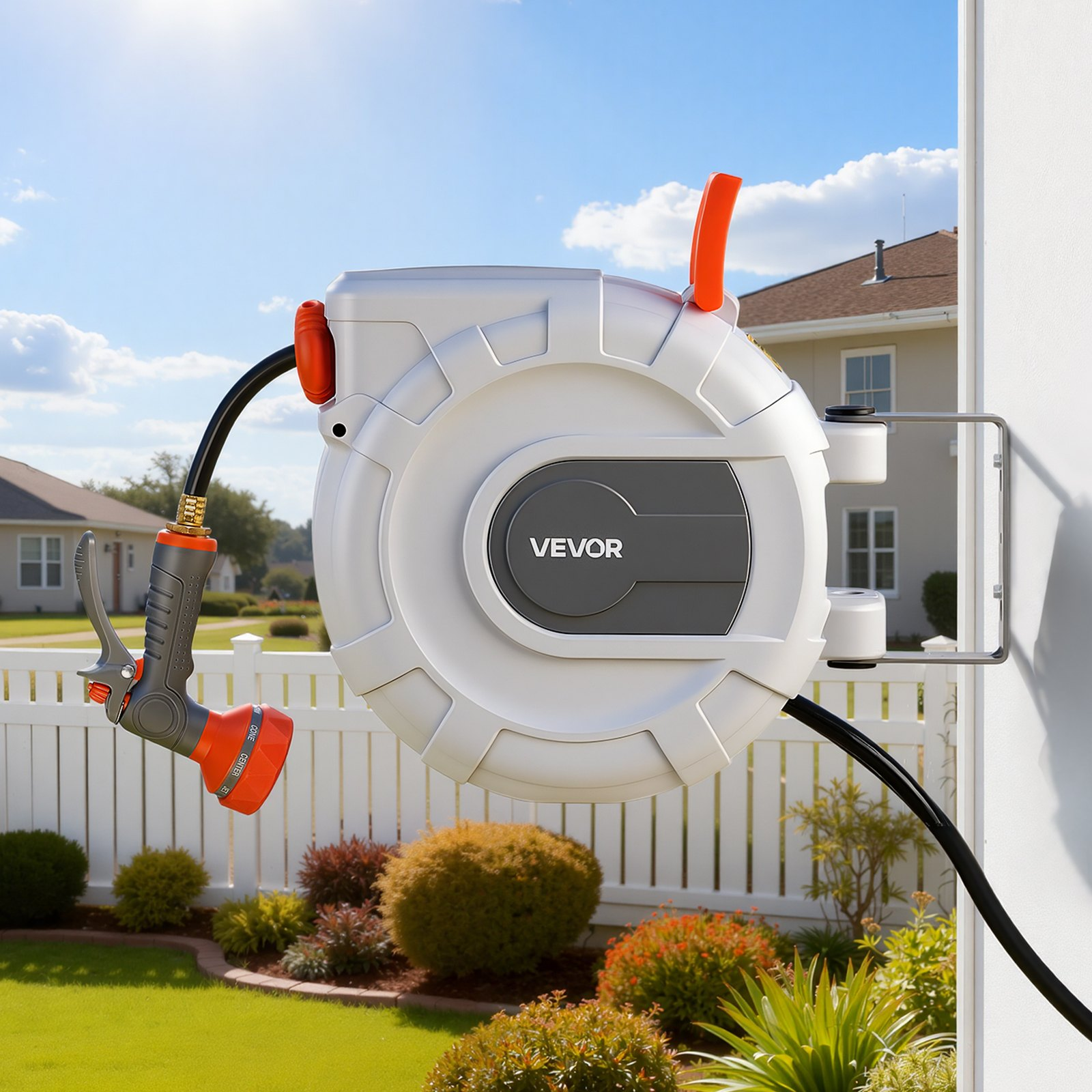 Start2Finish VEVOR retractable garden hose reel with 50 ft hose, 9-function sprayer, wall mount, 180° swivel, and automatic rewind.