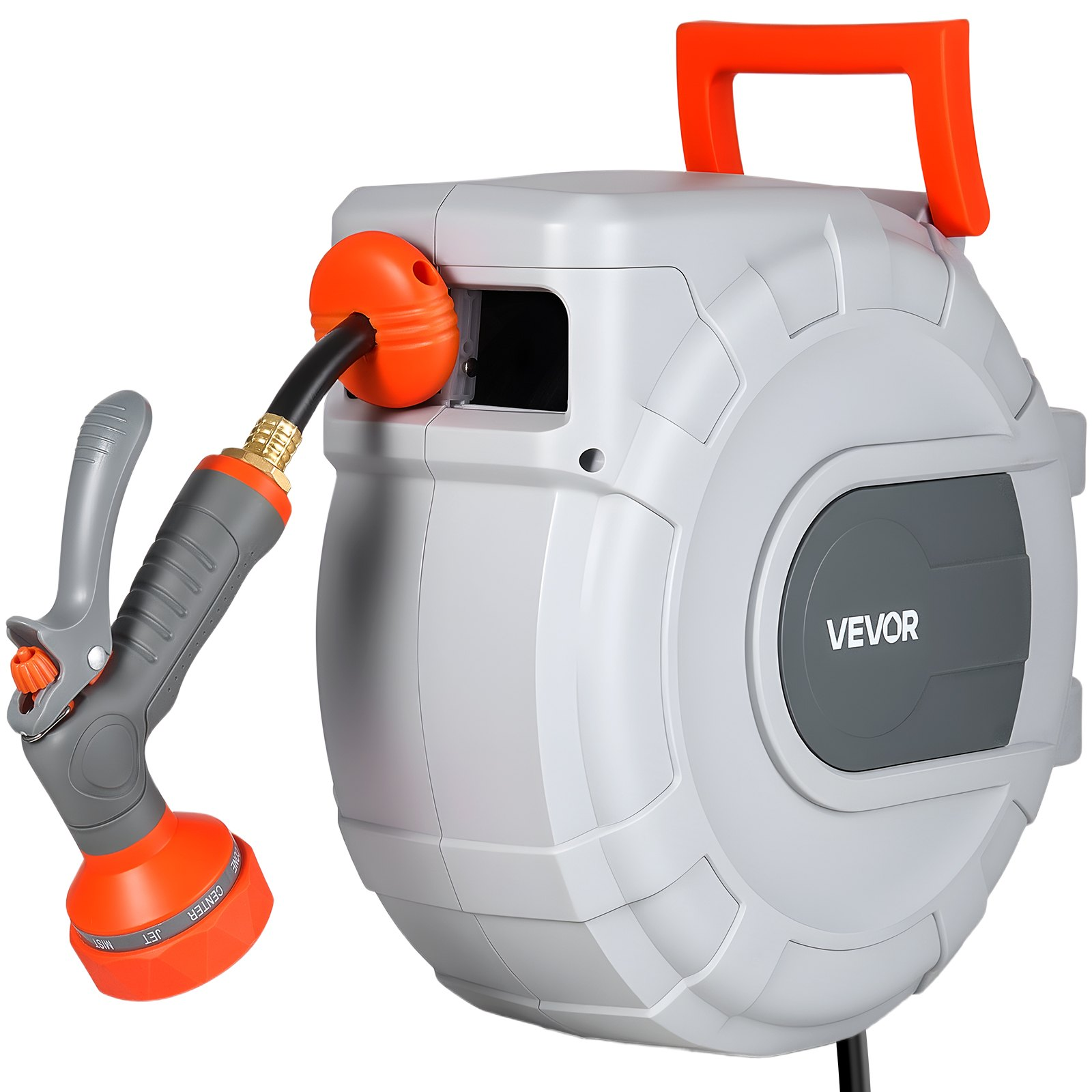Start2Finish VEVOR 50ft retractable garden hose reel with 9-function sprayer, wall mount, swivel bracket, and slow rewind system.