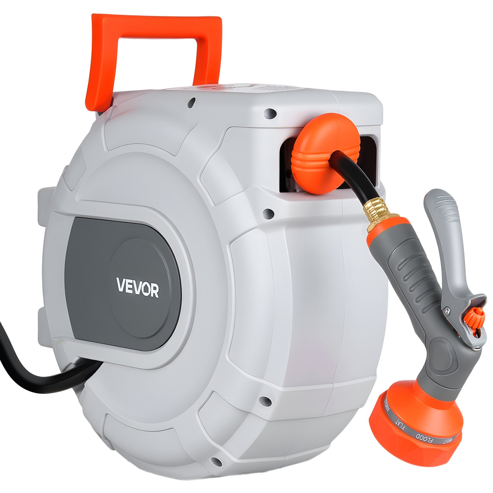 Start2Finish VEVOR retractable garden hose reel with 50 ft hose, wall mount, 9-function sprayer, and slow rewind system.