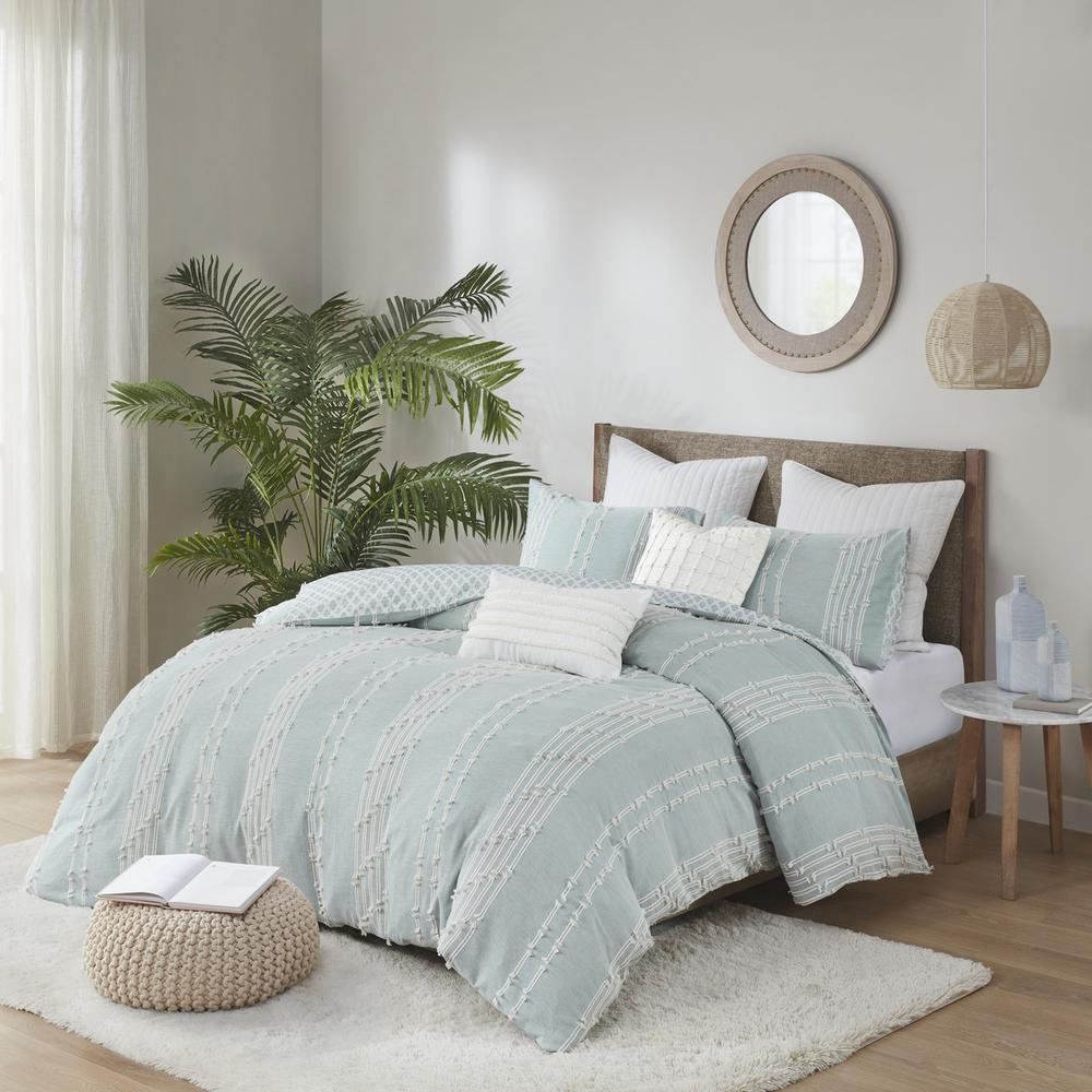 Start2Finish 3-piece cotton jacquard duvet cover set with intricate woven pattern and matching pillow shams on a bed.
