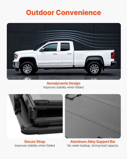 Start2Finish VEVOR hard tri-fold truck bed tonneau cover on a Chevy Silverado/GMC Sierra 1500 short box, waterproof fiberglass design.