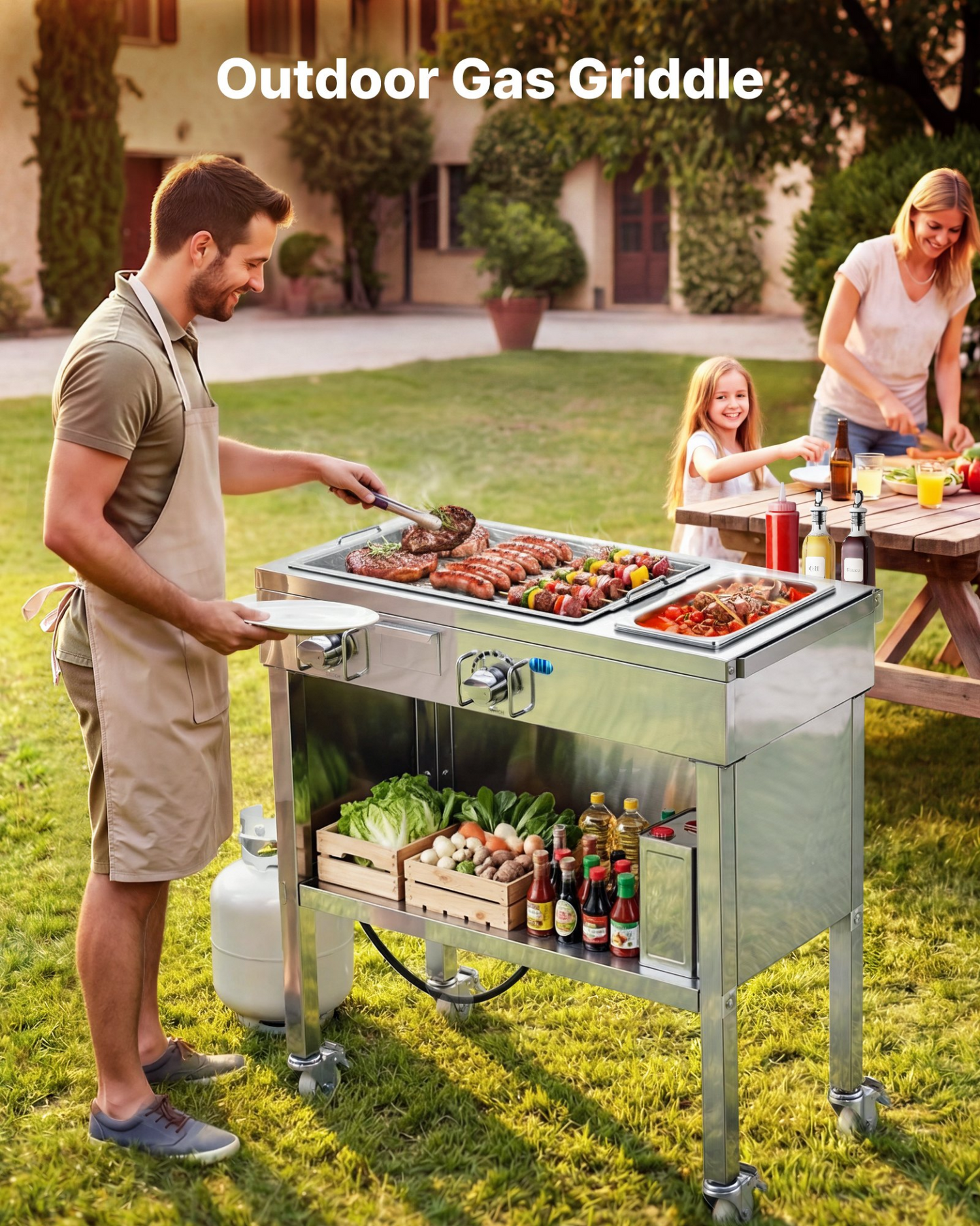 Start2Finish outdoor propane griddle with stainless steel surface, two burners, lockable wheels, side handle, and food pan for grilling.