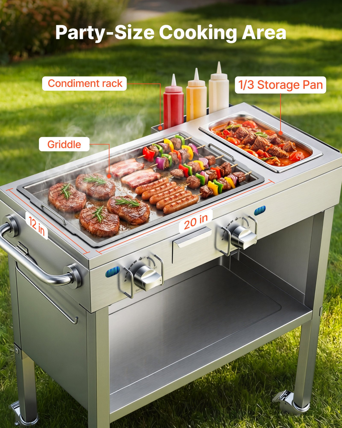 Start2Finish outdoor propane griddle with stainless steel surface, 2 burners, lockable wheels, side handle, ideal for grilling hot dogs and burgers.