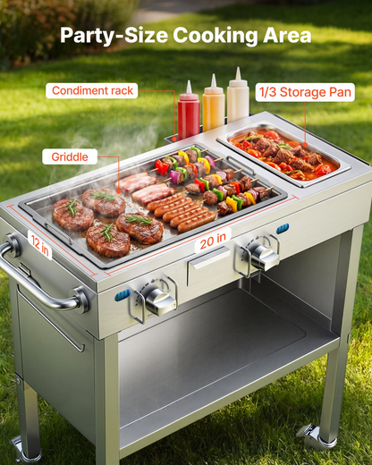Start2Finish outdoor propane griddle with stainless steel surface, 2 burners, lockable wheels, side handle, ideal for grilling hot dogs and burgers.
