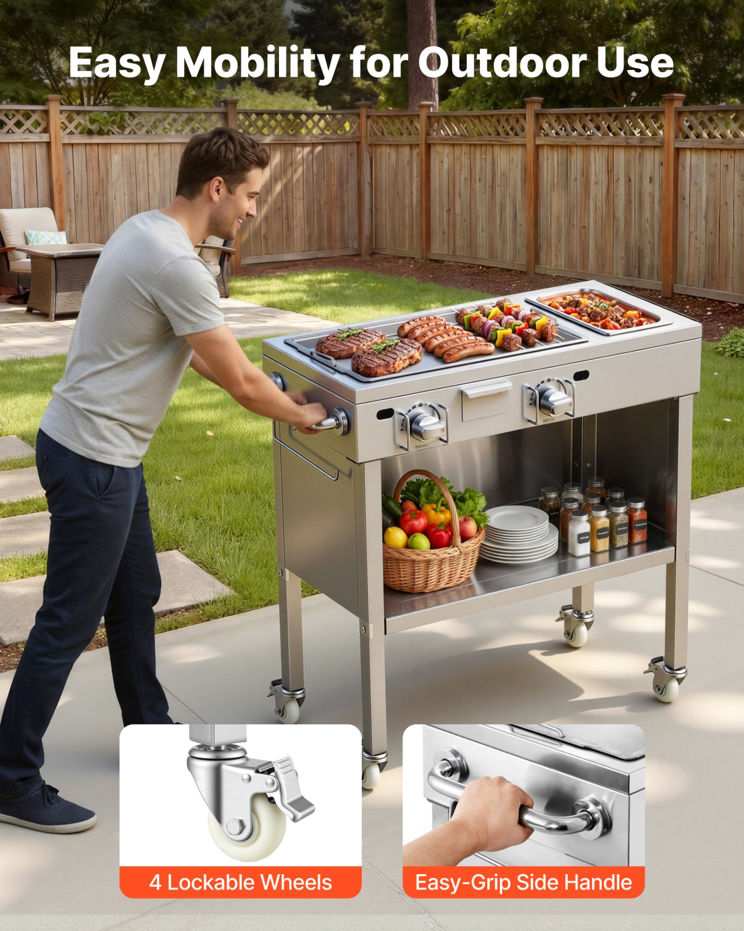 Start2Finish outdoor propane griddle with stainless steel surface, 2 burners, lockable wheels, side handle, ideal for hot dogs, burgers, meats.