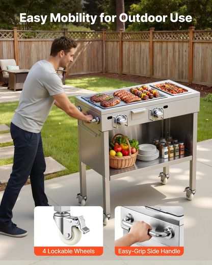Start2Finish outdoor propane griddle with stainless steel surface, 2 burners, lockable wheels, side handle, ideal for hot dogs, burgers, meats.