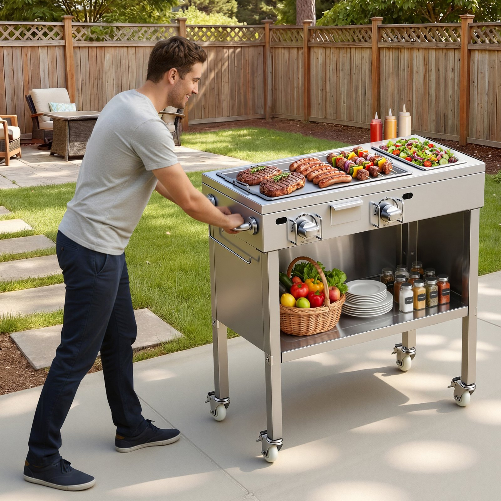 Start2Finish outdoor propane griddle with 2 burners, stainless steel surface, lockable wheels, side handle, ideal for hot dogs and burgers.