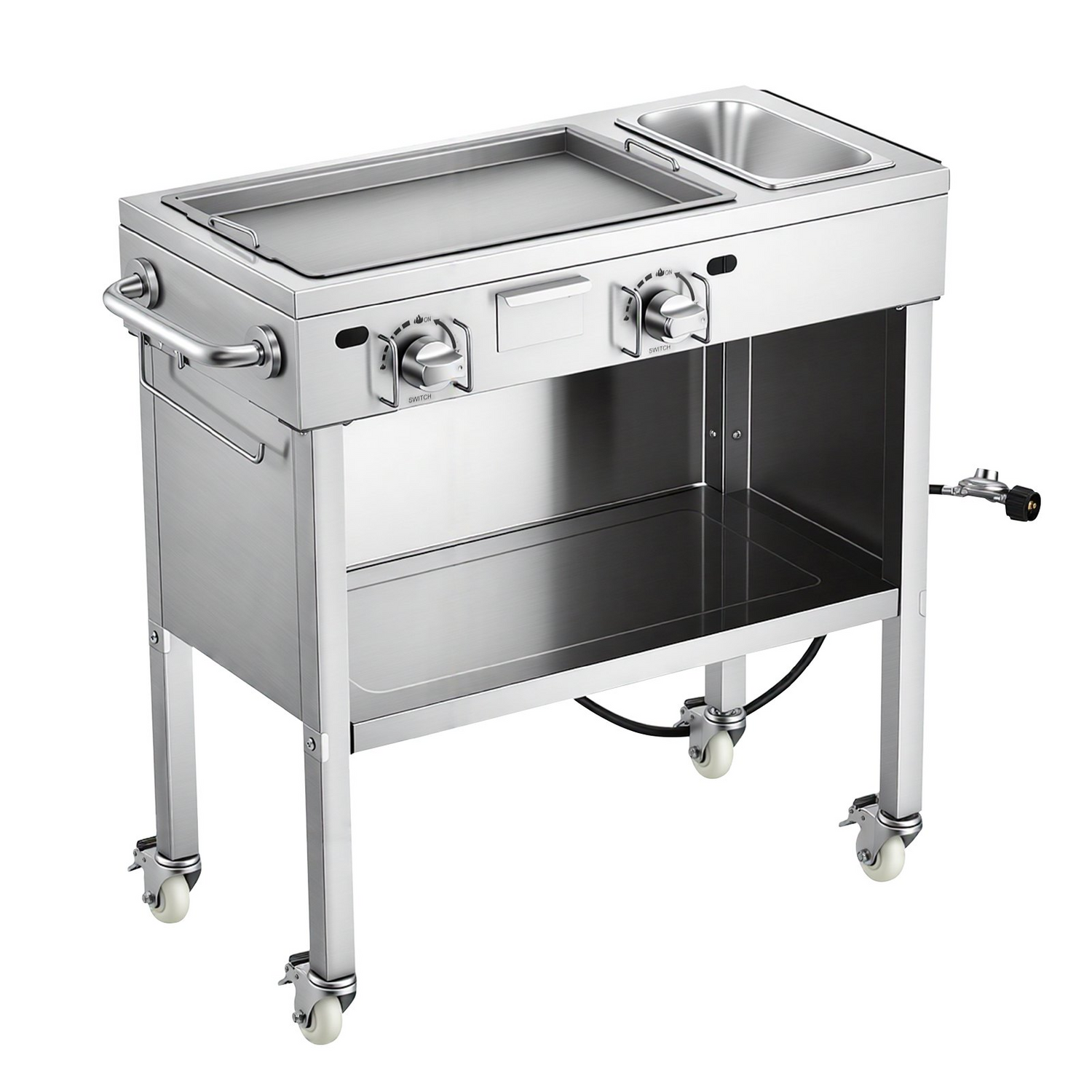 Start2Finish outdoor propane griddle with two burners, stainless steel surface, lockable wheels, side handle, and food pan for grilling.