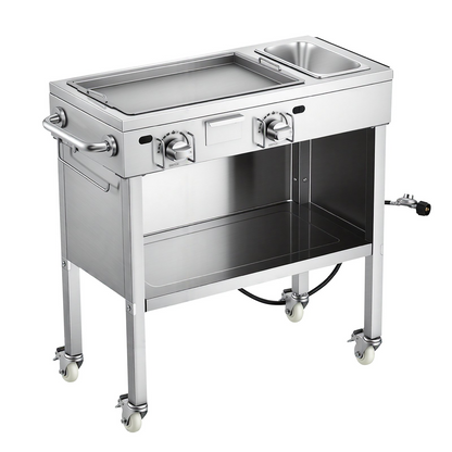 Start2Finish outdoor propane griddle with two burners, stainless steel surface, lockable wheels, side handle, and food pan for grilling.