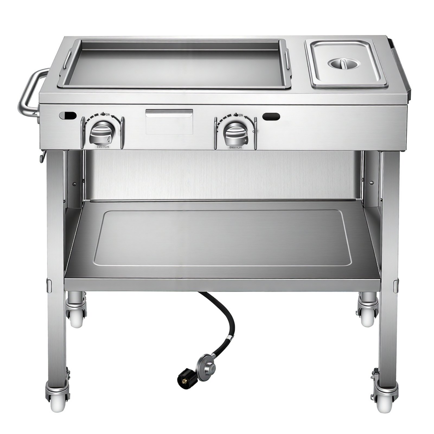 Start2Finish outdoor propane griddle with stainless steel surface, two burners, lockable wheels, side handle, ideal for grilling hot dogs and burgers